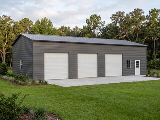 Obraz premium Dark Gray Metal Barn with Three White Garage Doors on Grass