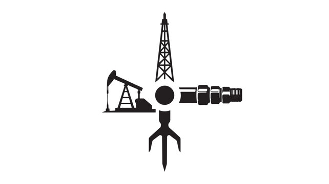Black and White Vector Illustration of an Isolated Oil Industry Concept with Pumpjack, Drilling Rig, and Person Symbol Icon