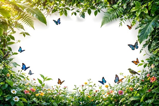 World Nature Conservation Day copy space background featuring a lush green forest border with vibrant trees, tropical leaves, blooming wildflowers, butterflies, birds, and soft sun rays 