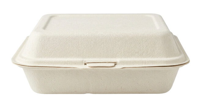 A closed eco-friendly biodegradable takeout container on a white background