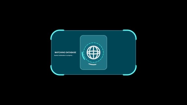 Futuristic authentication system startup HUD animation featuring secure processing, access request, database matching, and system online status.