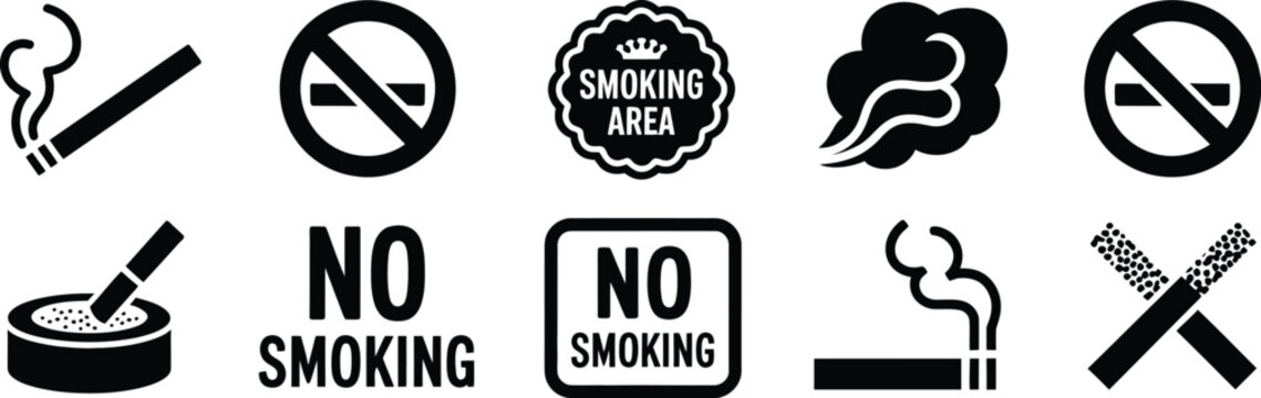 Smoking Regulation icon set, no smoking signs, designated smoking area labels and cigarette symbols, black vector