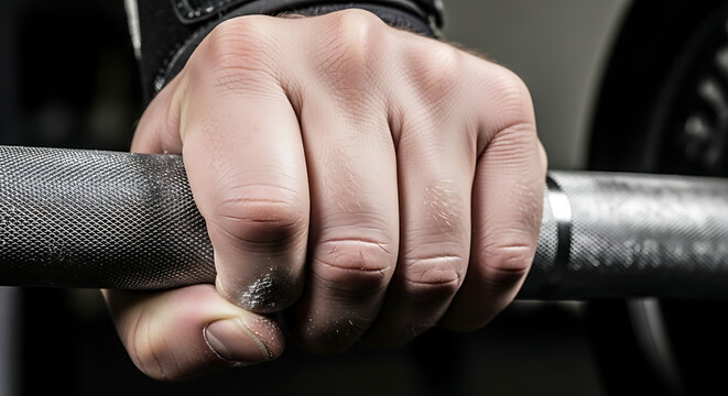 Athlete grips a heavy metal barbell tightly with calloused hands while preparing for a strenuous strength training session.