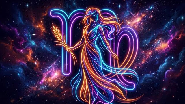 Neon Virgo woman holding wheat stalk with zodiac symbol in colorful galaxy background. Mystical astrology digital art with glowing lines
