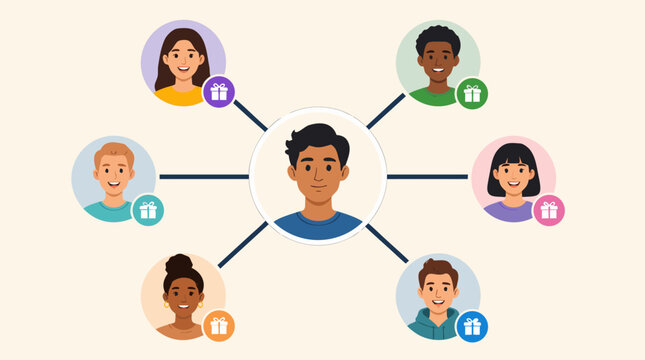 Friendly referral program infographic showing one central customer avatar branching to diverse rewarded friends with gift badges, ideal for loyalty marketing, social sharing, and growth campaigns