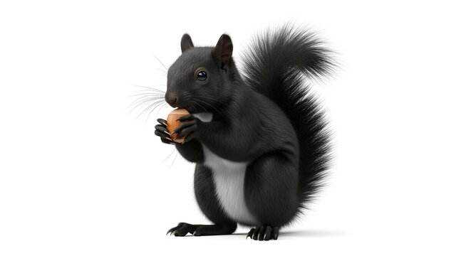 Cute black squirrel holding a nut with fluffy tail on a white background for wildlife nature or animal photography uses