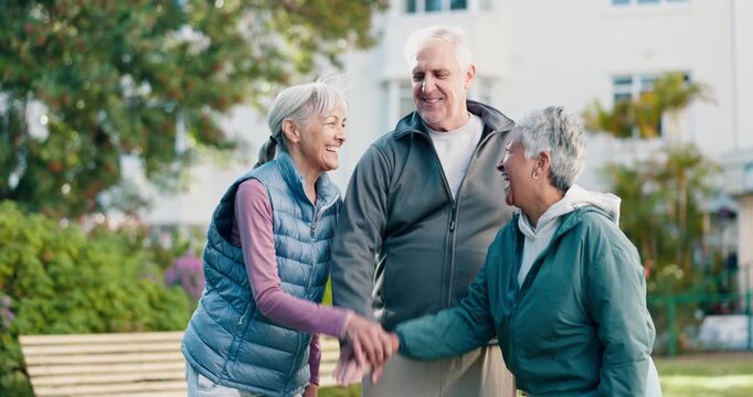 Fitness, support or senior people with handstack, outdoor bonding or motivation for exercise. Happy, connection or elderly friends with clap, workout together or encouragement in retirement activity.