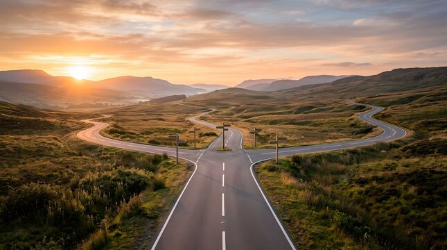 Split road at countryside representing choices, decisions, and different life paths.