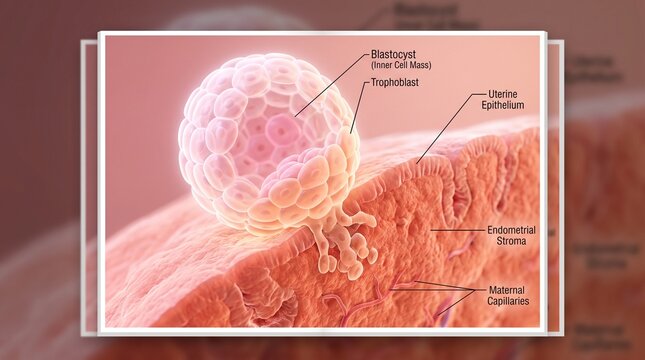 This detailed medical illustration shows a 1-2 week old embryo, known as a blastocyst, attaching to the uterine wall. It highlights key structures like the bilaminar embryonic disc and endometrium.