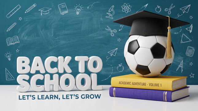 Stylish back to school classroom background with graduation cap, soccer ball, books and chalkboard illustrations, celebrating education, academic excellence, sportsmanship, learning and classroom 