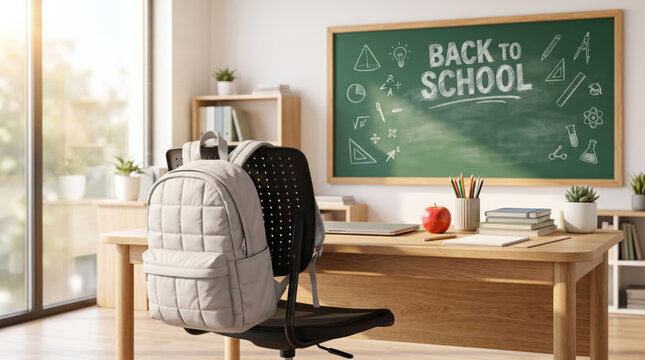 Bright back to school classroom interior featuring school backpack, chalkboard with welcome message, books and apple on teacher desk, creating inviting education concept for academic learning.