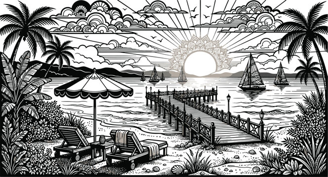 Wooden pier extends into the tranquil ocean water while sailboats drift near the horizon during a bright and sunny tropical sunrise.