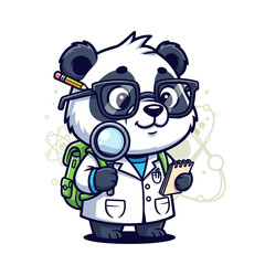 Fototapeta premium Cute cartoon panda scientist wearing glasses and a white lab coat holding a magnifying glass and notebook for science education and research