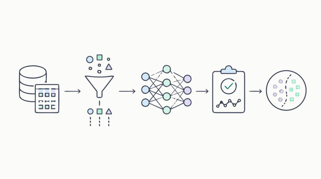 Machine learning pipeline thin line icon set showing database input, feature extraction, neural network training, validation checklist and prediction output, editable stroke vector illustration