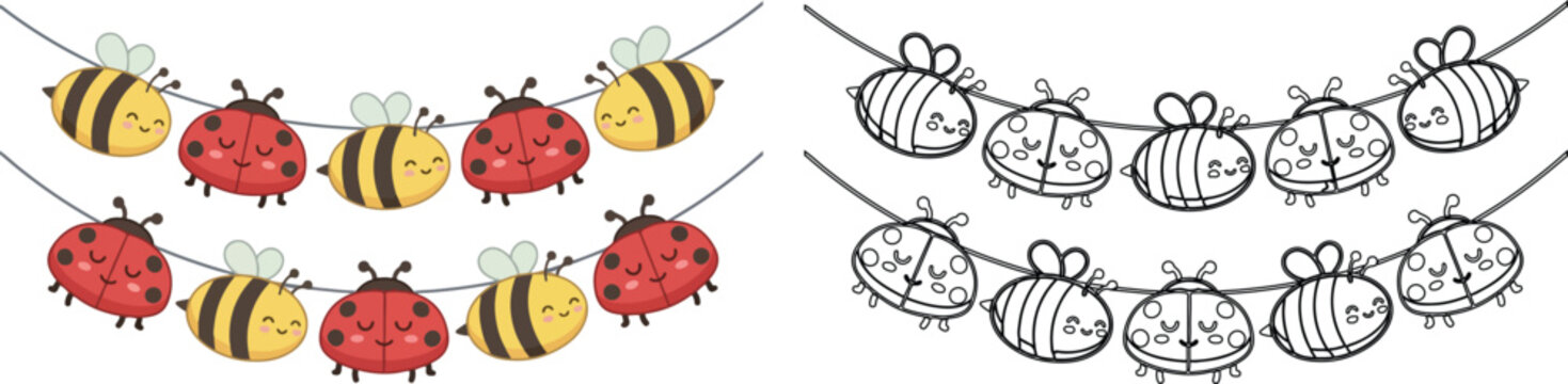 Cute bumblebee and ladybug bunting garland vector, hand drawn insect party banner set, colorful and black white line art garden decorations