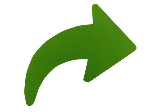 A single curved green arrow pointing to the right side on a simple flat surface isolated on transparent background