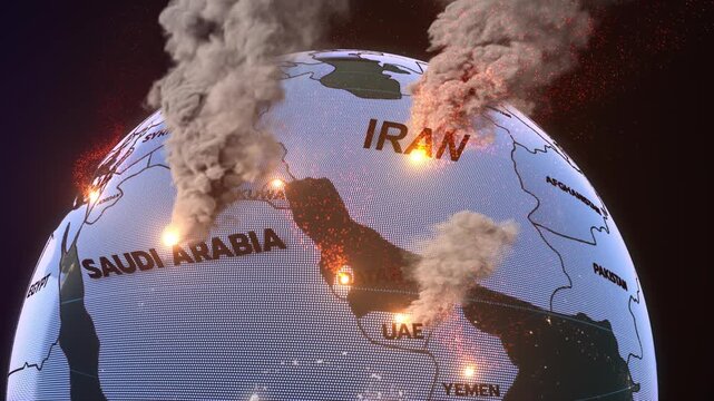 A modern 3D-style political map of the Middle East highlighting countries, Saudi Arabia, Iraq, Turkey, Israel, Yemen, the United Arab Emirates, Oman, IRAN, Qatar, Syria, Jordan, EGYPT, UAE, KUWAIT,