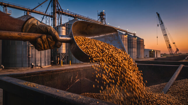 Gloved hand pouring soybeans at grain elevator. Agricultural worker handling harvest crop.