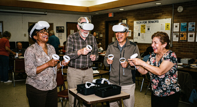 Diverse Seniors Laughing While Using Virtual Reality Headsets in Community Class