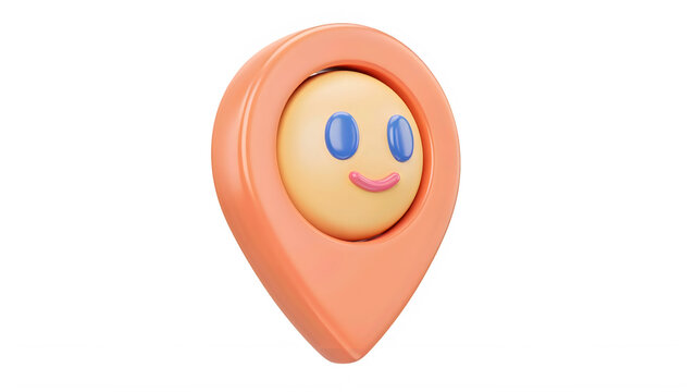 3D location pin with happy face. Cute map marker icon isolated on transparent background.
