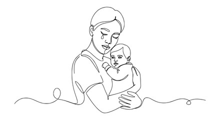 Mother Crying Holding Baby Single Line Drawing