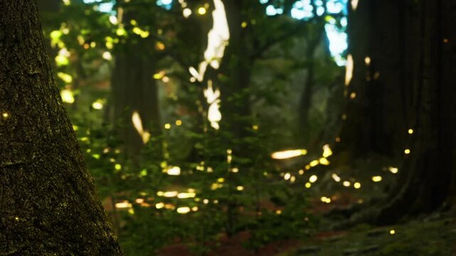 Sunlight shines through the leaves in a forest. The sunlight creates patterns on the ground. Trees surround the area, and some green plants grow nearby, adding to the natural setting.