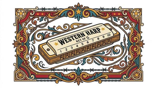 Vintage Western Harp Harmonica with Decorative Border, Country Music Symbol