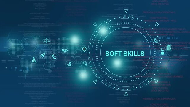 Soft skills digital hud interface with global network connectivity and data analytics animation digital interface