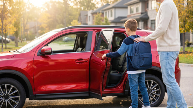 Caring parent accompanying young student with backpack while getting into parked car during back to school, representing family support, school commute, education, safety and apositive academic journe