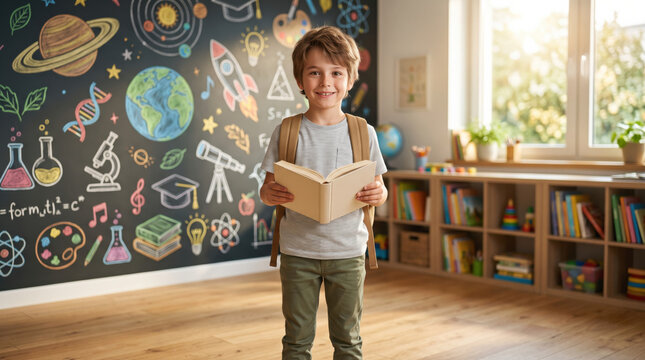 Happy back to school classroom portrait of young student wearing backpack with colorful educational icons on chalkboard, symbolizing childhood education, imagination, learning, achievement and future 