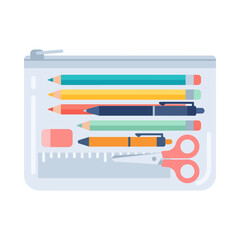 Fototapeta premium A clear transparent pencil case filled with essential colorful school stationery supplies including pens pencils ruler eraser and scissors for education
