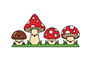 Naklejka premium Kawaii Smiling Mushroom Characters in Grass Cartoon Illustration