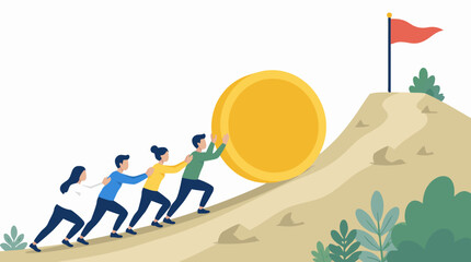 Obraz premium Collaborative team pushing a giant golden coin up a steep hill toward a red goal flag, flat vector success scene for finance growth, startup ambition, teamwork, investment and achievement