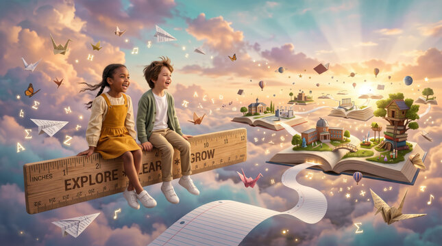 Dreamlike back to school illustration of two children sitting on giant pencils above magical books, paper airplanes and glowing school landscape, imagination, learning, creativity and education