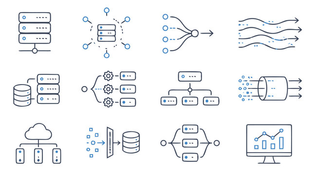 Big data processing line icon set with server stacks, cloud nodes, parallel pipelines, streaming flows, filters and analytics monitor, editable vector infrastructure symbols for tech products
