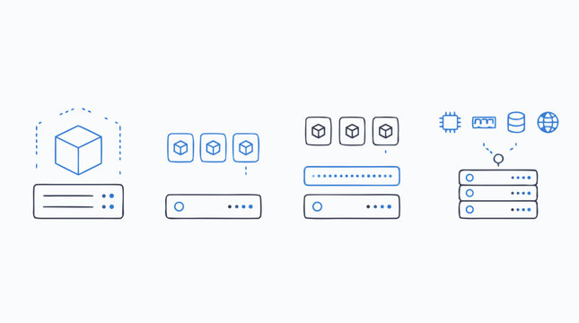 Virtualization minimalist line icon set with virtual machines, hypervisor layers, server pooling, containers and shared computing resources, editable stroke vector for cloud infrastructure
