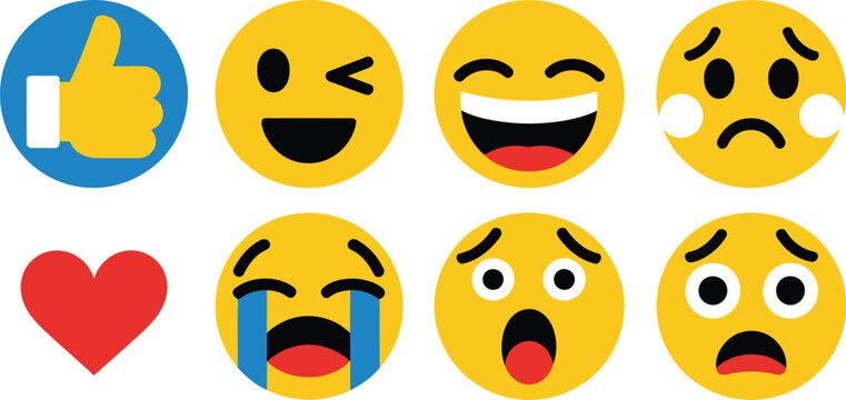 Smiley Emoji icon set, cute emoticon reactions, happy sad angry surprised and neutral faces, flat UI vector illustration
