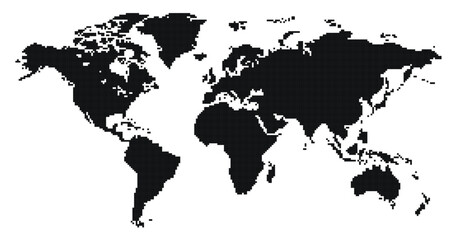ピクセルで描かれた世界地図 ドット柄  シルエット ベクターイラスト 大陸 世界 地図 黒 白 シンプル デザイン素材 © neena 