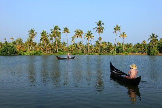 Traditional fishermen in wooden canoes casting fishing nets across the tranquil Kerala backwaters, framed by lush coconut palms under a clear blue sky