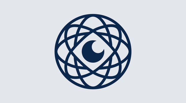 Abstract globe atom logo with crescent moon core.