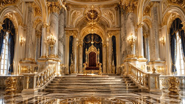 Luxurious golden and marble palace interior with grand staircase and throne.