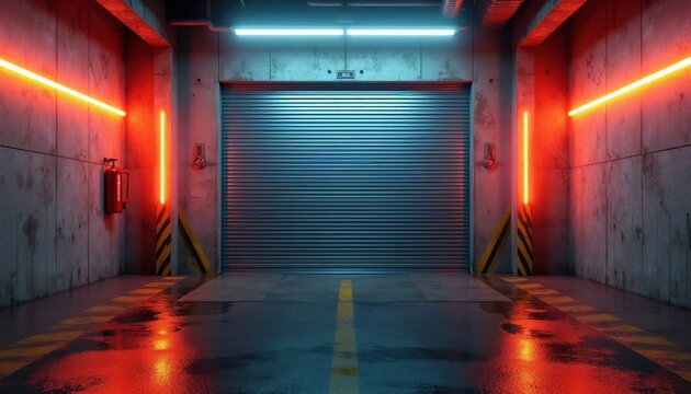 Dark industrial garage with roller door. Concrete walls feature red and blue neon lights. Wet floor reflects colorful neon glow. Fire extinguisher on wall adds industrial detail.