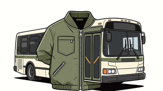 Retro Green Bomber Jacket Fusion Illustration, Vector Art of Military Flight Jacket and Vintage Bus