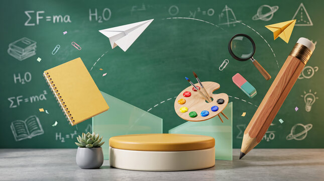 Stylish back to school classroom background with chalkboard illustrations, stationery, wooden display podium, notebook, paper airplane, paint palette and pencil for education branding and marketing.