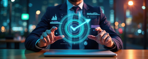 Naklejka na ściany i meble Businessman sits at desk with digital virtual interface showing target achievement. Manager uses holographic tech for business strategy growth, data analysis. Professional worker interacts with neon