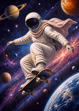Astronaut on a skateboard in space