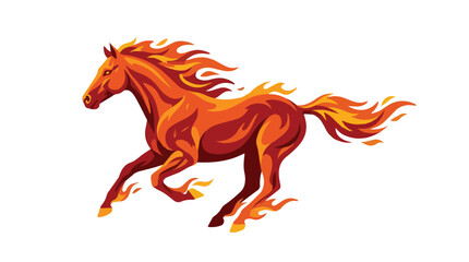 Vivid fiery orange and red horse running with flowing mane and tail on a white background symbolizing energy and freedom © Micro Design-id