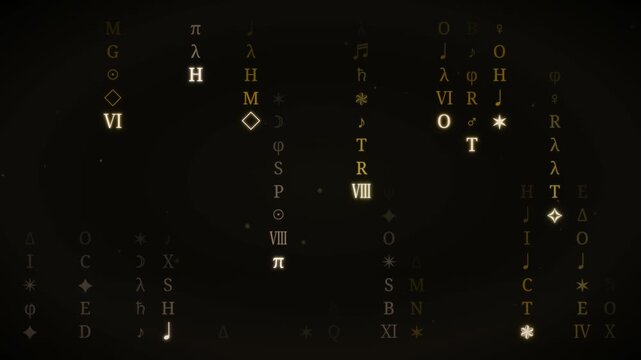 Golden esoteric digital rain with mystical symbols. Elegant mystical falling symbols and golden letters background