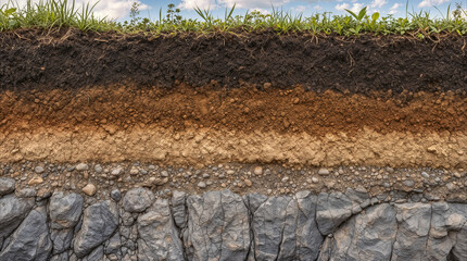Obraz premium Cross-section of soil horizons illustrating distinct layers from organic topsoil with grass to solid bedrock. Earth science and geological analysis of ground composition.