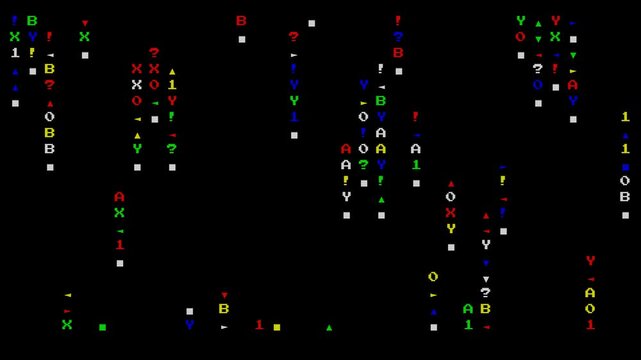 Retro 8-bit digital rain background with falling characters. Vintage 8-bit computer system terminal background